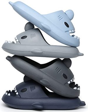 Men's and Women's Shark Slides Cloud Slippers Summer Novelty Open Toe Slide Sandals Anti-Slip Beach Pool Shower Shoes with Cushioned Thick Sole Ethylene Vinyl Acetate sole 1.6 inch thick sole that provides good support to your feet The deep heel cup footbed fits the curve of the foot pelvic floor and makes walking more comfortable